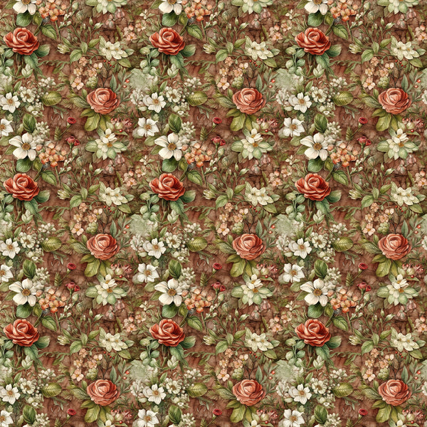 burgundy, coral roses, cream flowers, sage green, brown background, floral pattern, botanical design, vintage style,, fabric panel, english garden, romantic florals, earthy tones, repeating motif, delicate blooms, nature inspired, cottage core, muted palette, small scale print