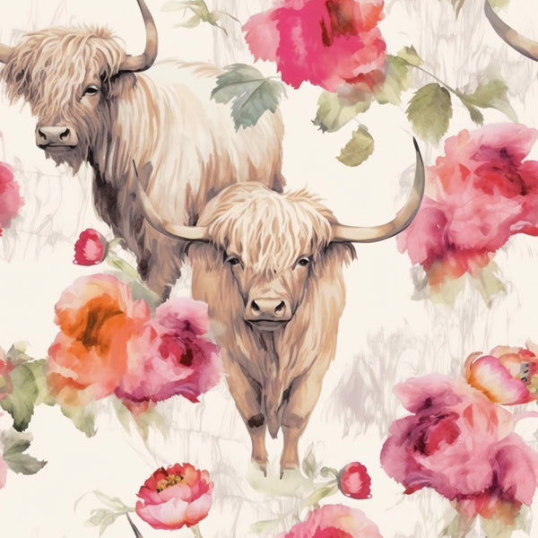 highland cows, watercolor style, floral pattern, pink flowers, coral blooms, green leaves, cream background, horned cattle, shaggy fur,, fabric panel, pastoral scene, farm animals, soft pastels, botanical elements, repeating pattern, gentle mood, country theme, watercolor florals