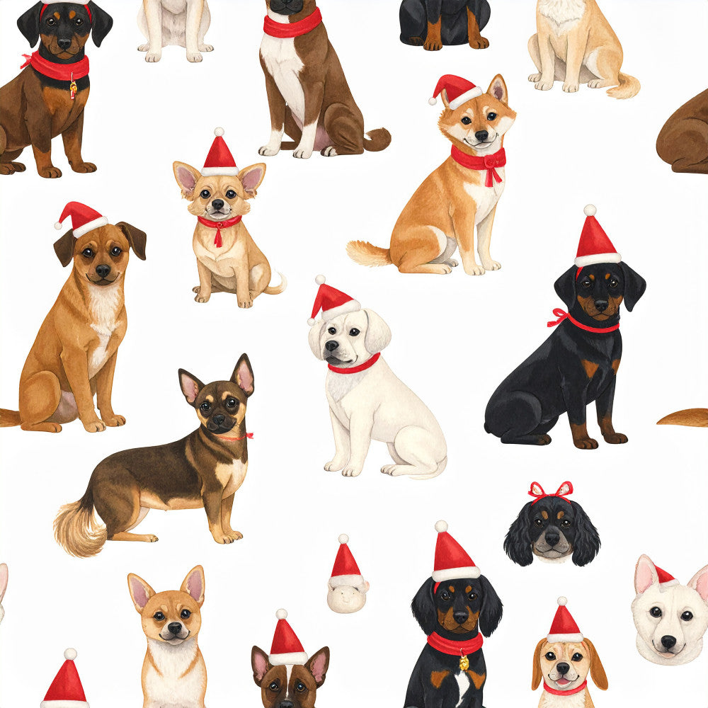 christmas dogs, holiday dogs, festive dogs, red santa hats, dog breeds, dogs wearing hats, playroom, kids room, nursery, red and white, cream, tan, brown, black, rust orange, white, multicolor, whimsical, cute animals, cheerful, festive, holiday theme, christmas theme, seasonal, dog lovers, puppy print, sitting dogs, winter holidays, december, santa pups