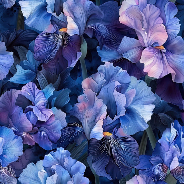 iris flowers, purple blooms, blue petals, lavender shades, floral pattern, botanical design, realistic flowers,, fabric panel, spring blooms, garden flowers, detailed petals, nature motif, perennial flowers, soft pastels, elegant florals, blooming irises, flower garden, textile design, crafting fabric