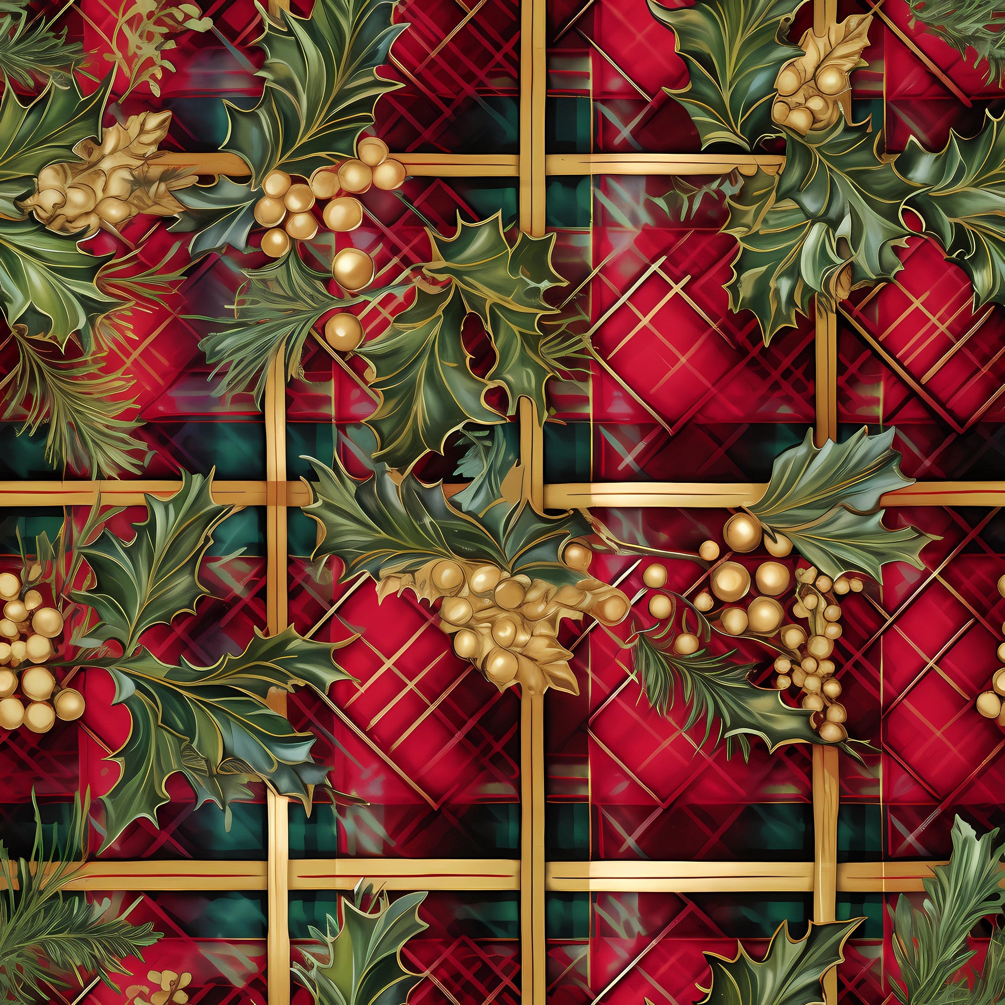 red, green, gold, christmas, plaid, tartan, holly leaves, berries, pine cones, evergreen branches, botanical, festive, holiday,, fabric panel, winter, geometric grid, nature motifs, seasonal foliage, decorative pattern