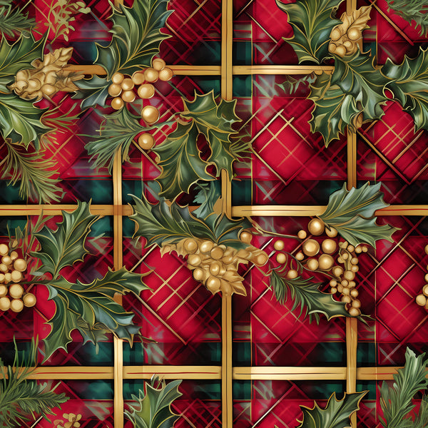 red, green, gold, christmas, plaid, tartan, holly leaves, berries, pine cones, evergreen branches, botanical, festive, holiday,, fabric panel, winter, geometric grid, nature motifs, seasonal foliage, decorative pattern
