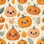 orange pumpkins, kawaii faces, autumn leaves, cream background, green stems, fall pattern,, fabric panel, cute characters, seasonal design, harvest theme, happy expressions, botanical elements, orange tones, peach colors, sage green, retro style, halloween motif, whimsical art, repeating pattern