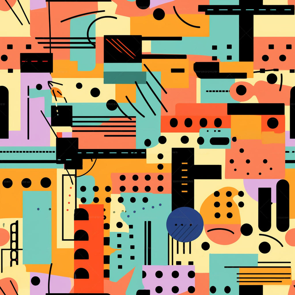 orange, teal, coral, yellow, purple, black, geometric shapes, abstract pattern, circles, rectangles, lines, dots, modernist style, contemporary art, kandinsky inspired, colorful blocks, artistic composition,, fabric panel, vibrant colors, graphic elements, bauhaus influence