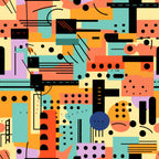 orange, teal, coral, yellow, purple, black, geometric shapes, abstract pattern, circles, rectangles, lines, dots, modernist style, contemporary art, kandinsky inspired, colorful blocks, artistic composition,, fabric panel, vibrant colors, graphic elements, bauhaus influence
