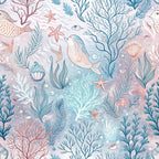 underwater scene, ocean theme, coral reef, sea creatures, whales, fish, starfish, seaweed, coral branches, marine life, aqua blue, soft pink, teal, lavender, watercolor style, dreamy illustration,, fabric panel, nautical design, sea bubbles, flowing kelp, delicate artwork, coastal theme