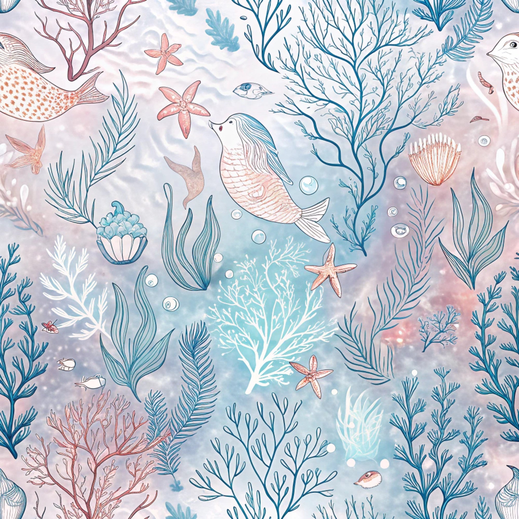 underwater scene, ocean theme, coral reef, sea creatures, whales, fish, starfish, seaweed, coral branches, marine life, aqua blue, soft pink, teal, lavender, watercolor style, dreamy illustration,, fabric panel, nautical design, sea bubbles, flowing kelp, delicate artwork, coastal theme