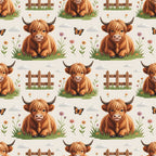 highland cows, cartoon style, brown fur, orange tones, pastoral scene, farm animals, wooden fence, wildflowers, butterflies, green grass, cloudy sky, repeating pattern,, fabric panel, cute animals, countryside, meadow setting, playful design, children's fabric, nursery theme