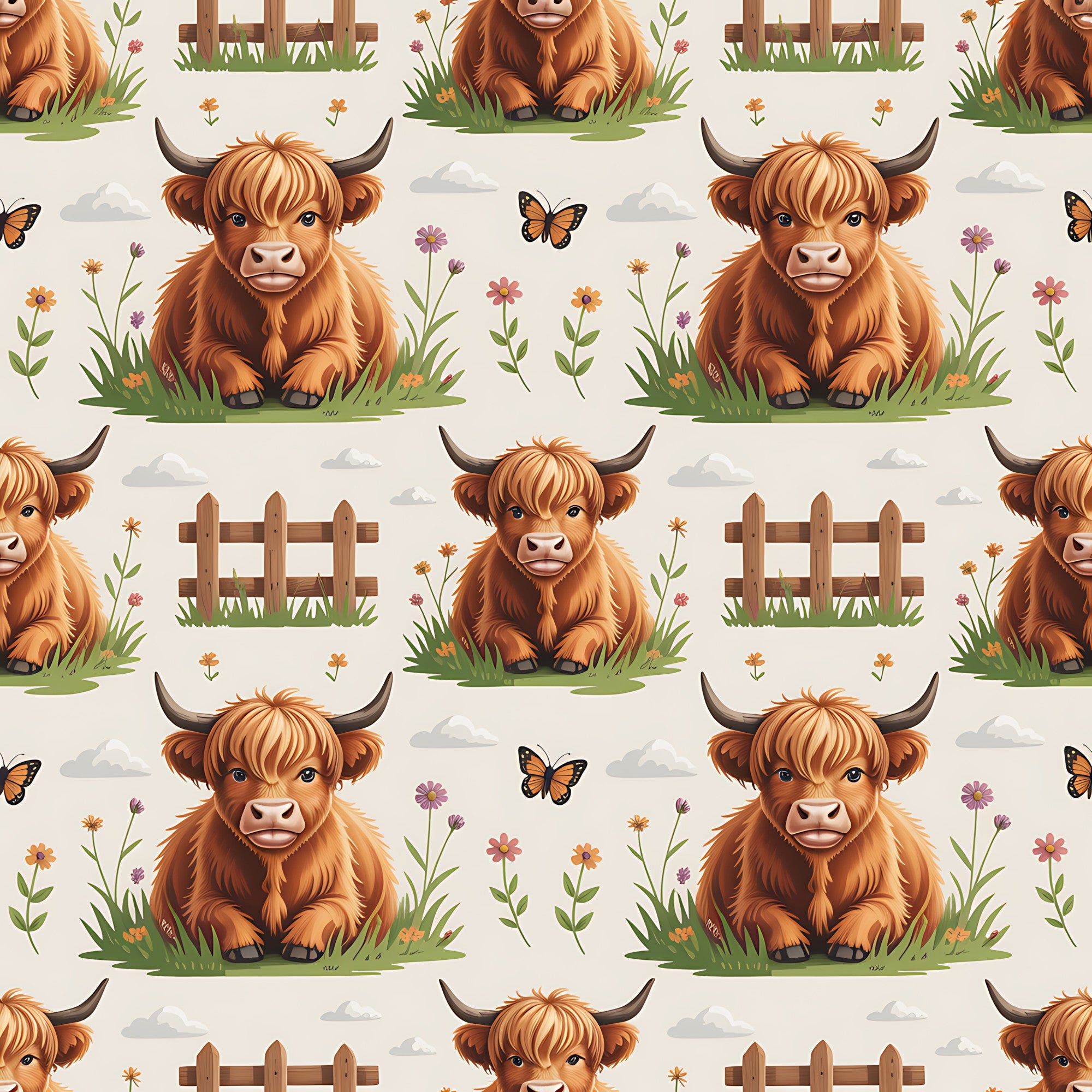highland cows, cartoon style, brown fur, orange tones, pastoral scene, farm animals, wooden fence, wildflowers, butterflies, green grass, cloudy sky, repeating pattern,, fabric panel, cute animals, countryside, meadow setting, playful design, children's fabric, nursery theme