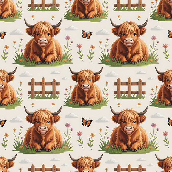 highland cows, cartoon style, brown fur, orange tones, pastoral scene, farm animals, wooden fence, wildflowers, butterflies, green grass, cloudy sky, repeating pattern,, fabric panel, cute animals, countryside, meadow setting, playful design, children's fabric, nursery theme