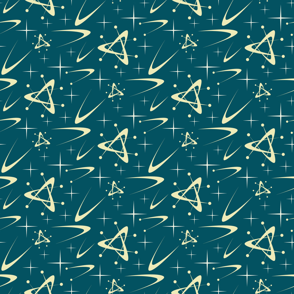 teal, cream, atomic pattern, starbursts, mid-century modern, retro, space age, geometric shapes, triangular motifs, orbital rings, stars, dots,, fabric panel, 1950s style, futuristic, abstract design, repeating pattern, vintage inspired, celestial elements