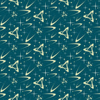 teal, cream, atomic pattern, starbursts, mid-century modern, retro, space age, geometric shapes, triangular motifs, orbital rings, stars, dots,, fabric panel, 1950s style, futuristic, abstract design, repeating pattern, vintage inspired, celestial elements