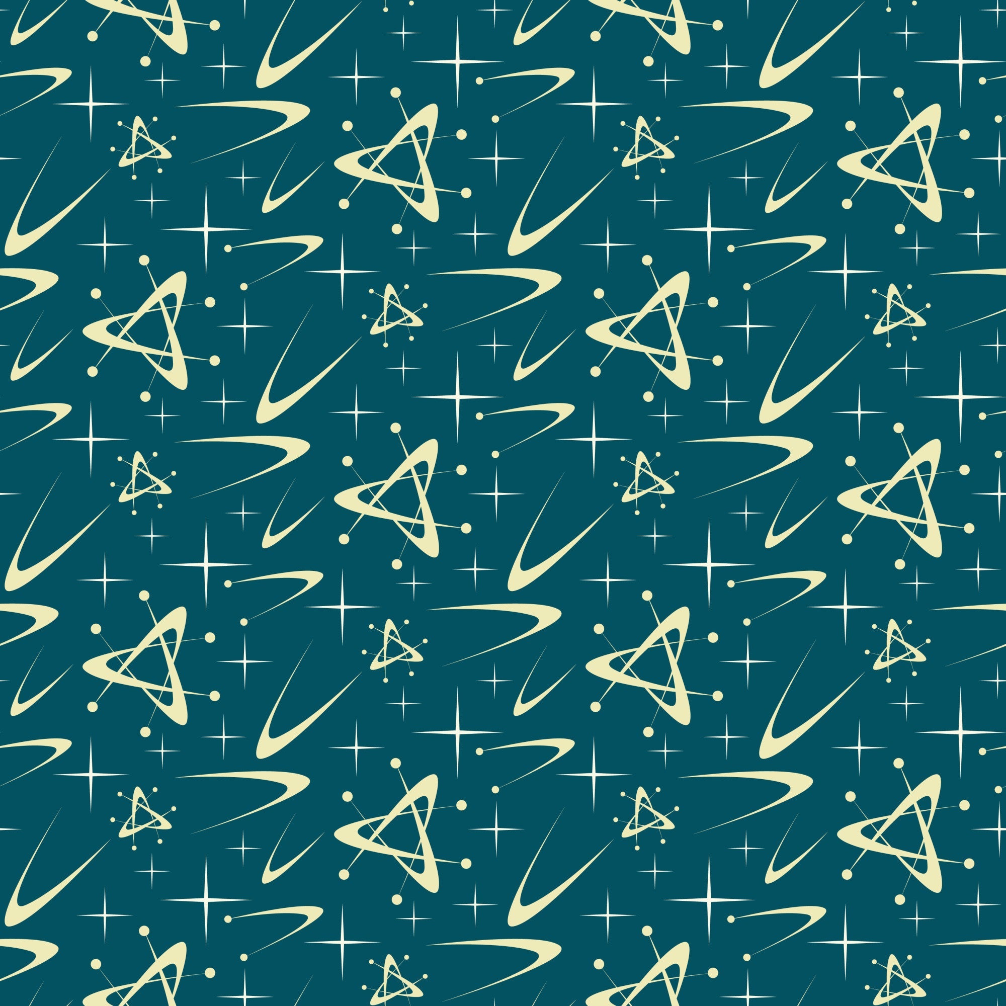 teal, cream, atomic pattern, starbursts, mid-century modern, retro, space age, geometric shapes, triangular motifs, orbital rings, stars, dots,, fabric panel, 1950s style, futuristic, abstract design, repeating pattern, vintage inspired, celestial elements