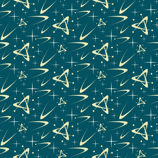 teal, cream, atomic pattern, starbursts, mid-century modern, retro, space age, geometric shapes, triangular motifs, orbital rings, stars, dots,, fabric panel, 1950s style, futuristic, abstract design, repeating pattern, vintage inspired, celestial elements