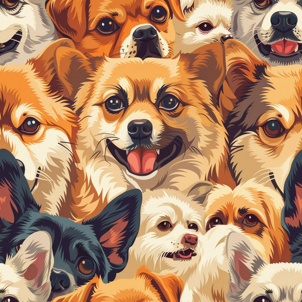 orange, golden, cream, tan, brown, black, white, dog faces, canine portraits, multiple breeds, happy expressions, tongues out, smiling dogs, cartoon style, playful mood,, fabric panel, pet theme, animal pattern, warm tones