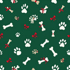 forest green, red bow, white paw print, dog bone, holiday, christmas, pet themed, animal prints, festive, whimsical, playful, red ribbon, puppy, dog lover, pet print, kids room, nursery, playroom, cute animals, cheerful, seasonal, winter, pet supplies, dog themed, bone pattern, paw print pattern, red accents, green background, kawaii style