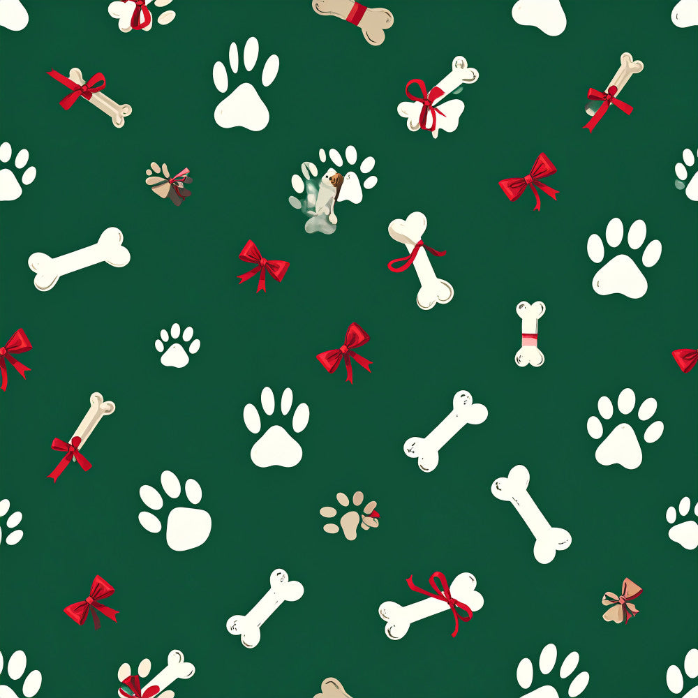 forest green, red bow, white paw print, dog bone, holiday, christmas, pet themed, animal prints, festive, whimsical, playful, red ribbon, puppy, dog lover, pet print, kids room, nursery, playroom, cute animals, cheerful, seasonal, winter, pet supplies, dog themed, bone pattern, paw print pattern, red accents, green background, kawaii style