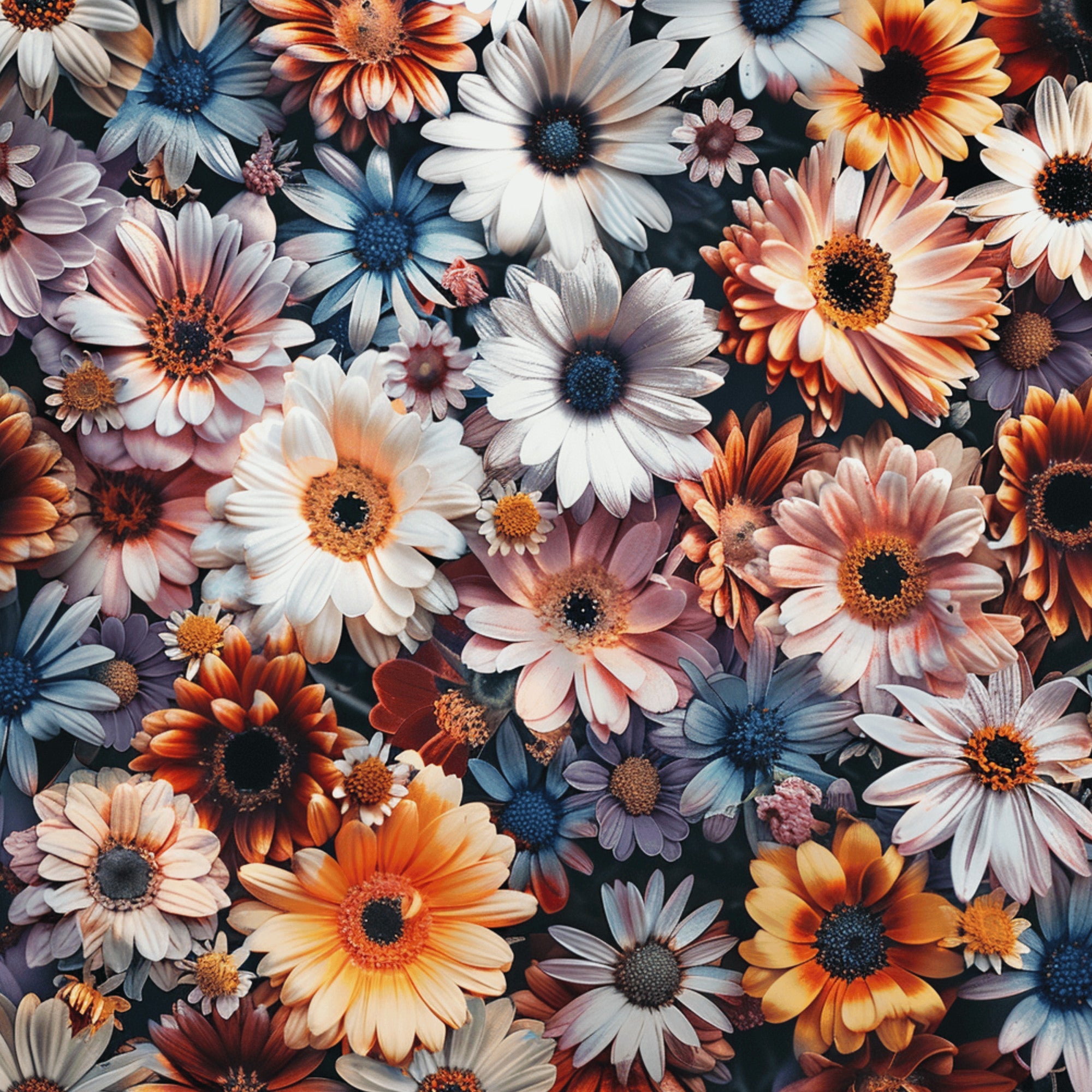 realistic flowers, daisy pattern, floral design, orange petals, pink blooms, white flowers, blue centers, purple tones, coral hues,, fabric panel, botanical print, garden flowers, densely packed, photorealistic style, spring blooms, mixed florals, vibrant colors, nature motifs, crafting material