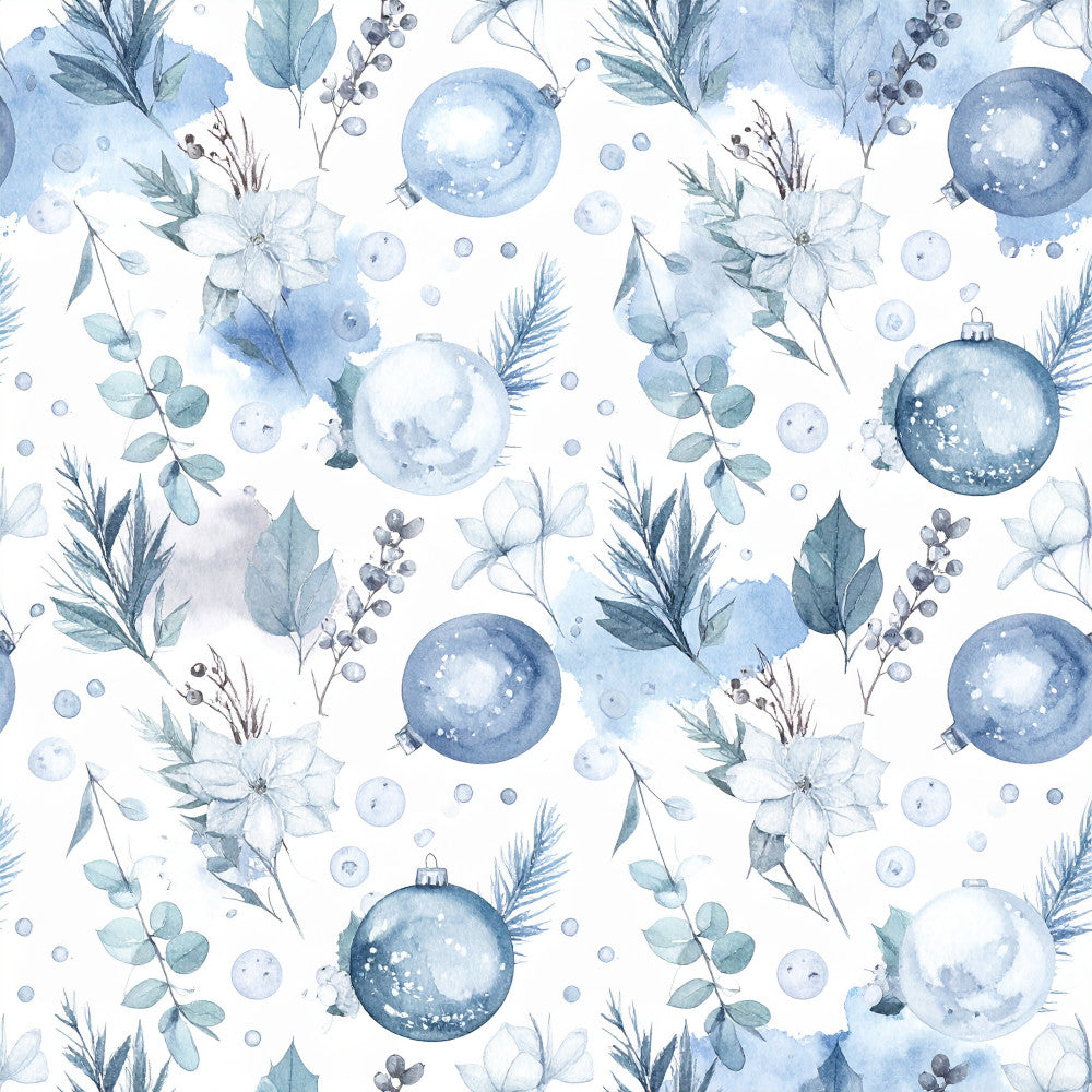 ice blue, powder blue, slate blue, soft blue, winter white, sage green, eucalyptus, blue ornaments, christmas baubles, holiday, winter, celestial, floral, watercolor, botanical, delicate flowers, berries, evergreen branches, pine sprigs, nature, elegant, whimsical, nursery, baby shower, winter holiday, festive, soft pastels, snowflake accents, gentle, dreamy