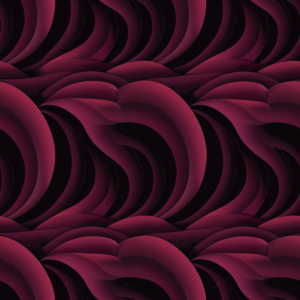burgundy, deep red, maroon, wine, abstract waves, flowing curves, layered design, dimensional pattern, geometric swirls, modern art, contemporary style,, fabric panel, seamless repeat, undulating lines, organic shapes, gradient shading, textured appearance, sophisticated palette, artistic motif