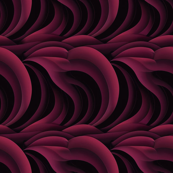 burgundy, deep red, maroon, wine, abstract waves, flowing curves, layered design, dimensional pattern, geometric swirls, modern art, contemporary style,, fabric panel, seamless repeat, undulating lines, organic shapes, gradient shading, textured appearance, sophisticated palette, artistic motif