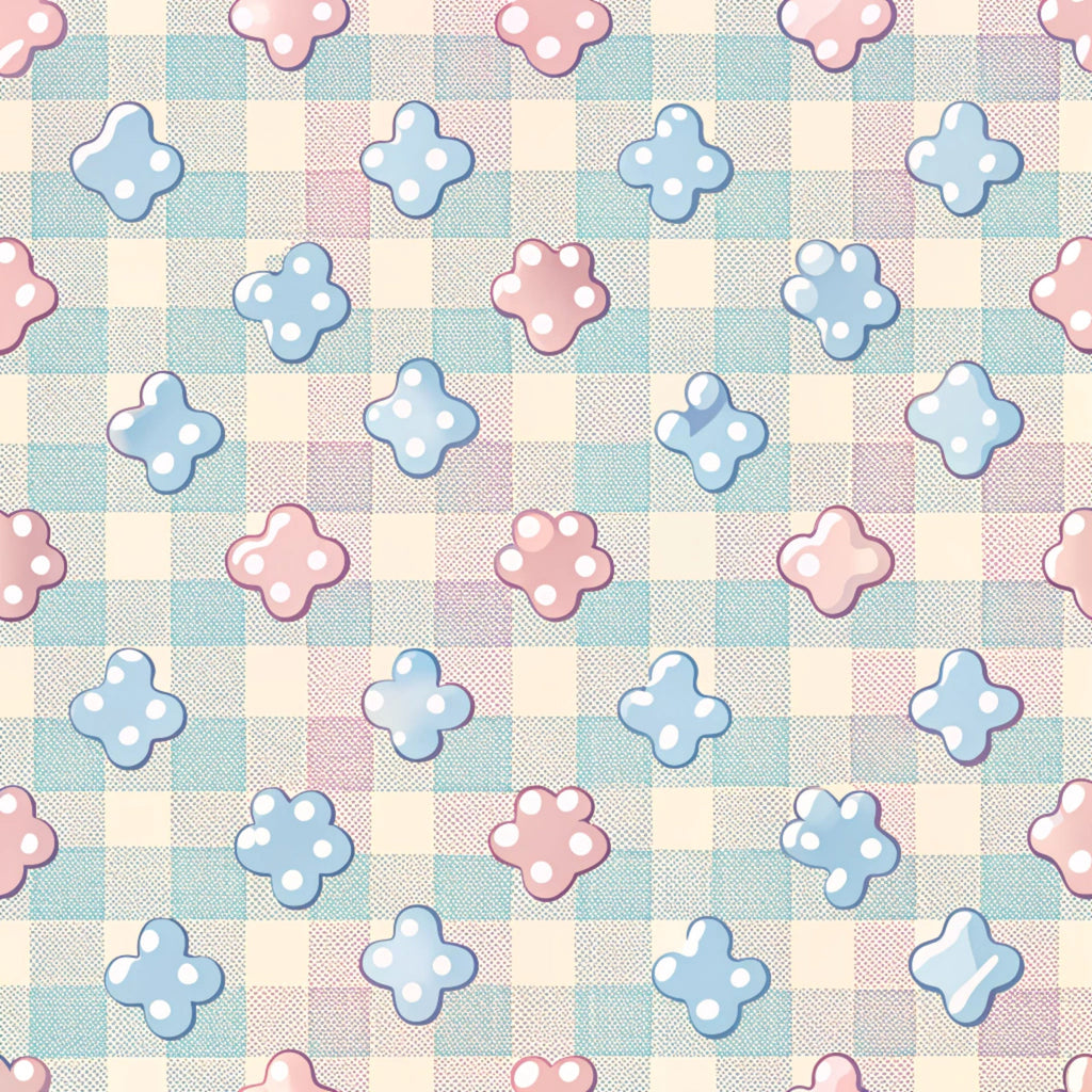 dog paws, paw prints, pastel pink, soft blue, cream, checkered background, gingham pattern, polka dots, cute animals, pet themed,, fabric panel, whimsical, playful design, nursery fabric, animal motifs, repeating pattern, soft colors, cotton fabric, crafting material