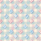 dog paws, paw prints, pastel pink, soft blue, cream, checkered background, gingham pattern, polka dots, cute animals, pet themed,, fabric panel, whimsical, playful design, nursery fabric, animal motifs, repeating pattern, soft colors, cotton fabric, crafting material