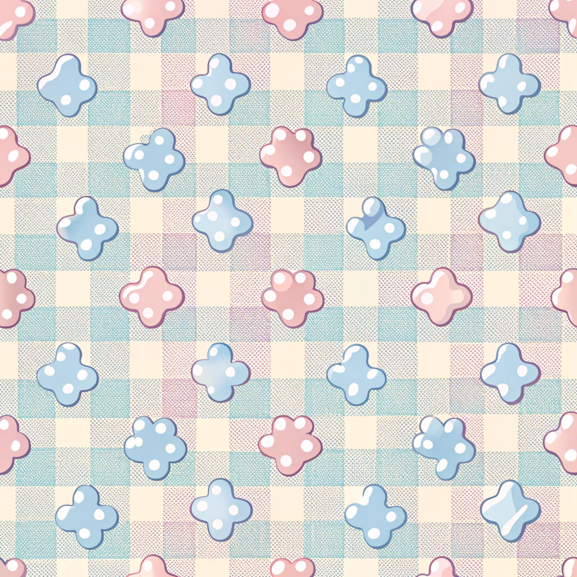 dog paws, paw prints, pastel pink, soft blue, cream, checkered background, gingham pattern, polka dots, cute animals, pet themed,, fabric panel, whimsical, playful design, nursery fabric, animal motifs, repeating pattern, soft colors, cotton fabric, crafting material