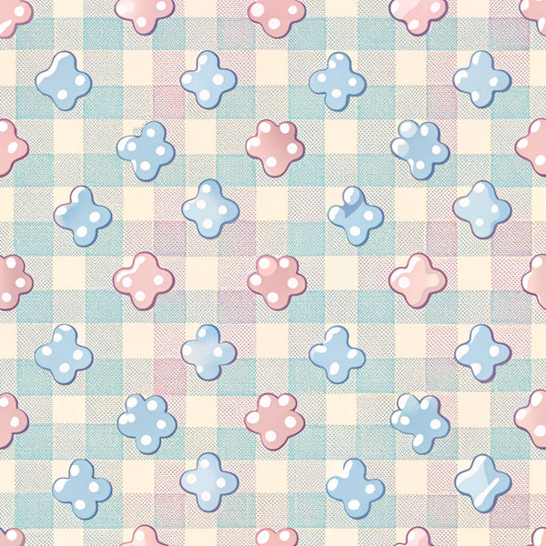 dog paws, paw prints, pastel pink, soft blue, cream, checkered background, gingham pattern, polka dots, cute animals, pet themed,, fabric panel, whimsical, playful design, nursery fabric, animal motifs, repeating pattern, soft colors, cotton fabric, crafting material
