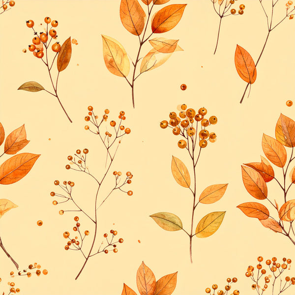 autumn leaves, fall foliage, orange, burnt orange, golden yellow, cream, beige, tan, botanical, nature-inspired, floral, berries, branches, dried flowers, rustic, vintage, elegant, whimsical, autumn theme, fall season, harvest, natural elements, botanical print, leaf pattern, berry motifs, seasonal, earthy tones, warm tones, cottage core, farmhouse style
