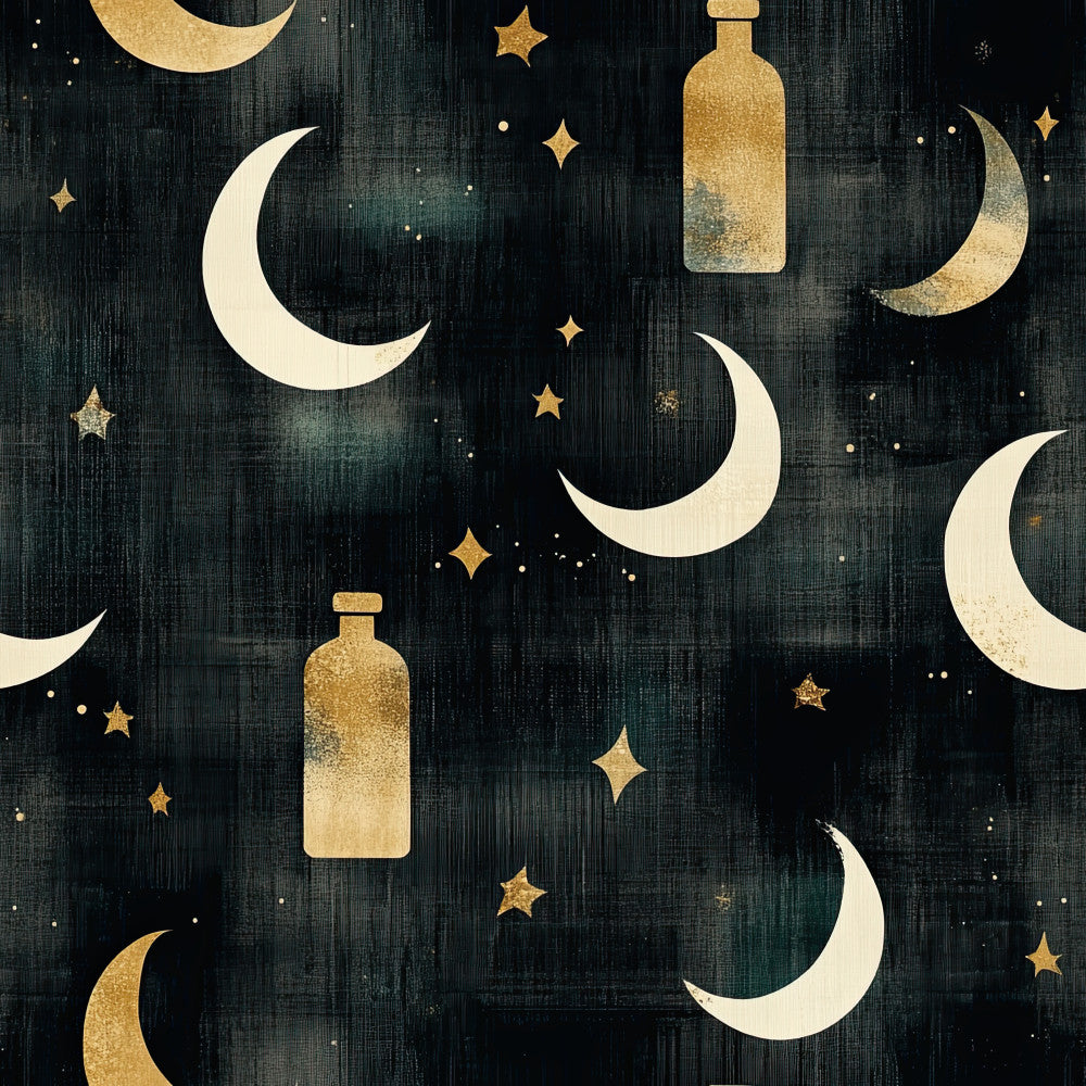 charcoal black, cream white, gold, celestial, night sky, moons, stars, bottles, whimsical, magical, dreamy, dark teal, midnight blue, starry night, crescent moons, sparkly, mystical, enchanted, nursery, baby room, kids room, gender neutral, moon and stars, nighttime, fantasy, ethereal, constellation, witchy, potion bottles, moonlight