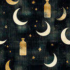 charcoal black, cream white, gold, celestial, night sky, moons, stars, bottles, whimsical, magical, dreamy, dark teal, midnight blue, starry night, crescent moons, sparkly, mystical, enchanted, nursery, baby room, kids room, gender neutral, moon and stars, nighttime, fantasy, ethereal, constellation, witchy, potion bottles, moonlight