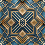 navy blue, gold, geometric pattern, art deco, star motif, diamond shapes, hexagonal center, layered design, angular lines, symmetrical, metallic accents, intricate borders,, fabric panel, luxury aesthetic, ornate details, repeat pattern, dimensional appearance, sophisticated design