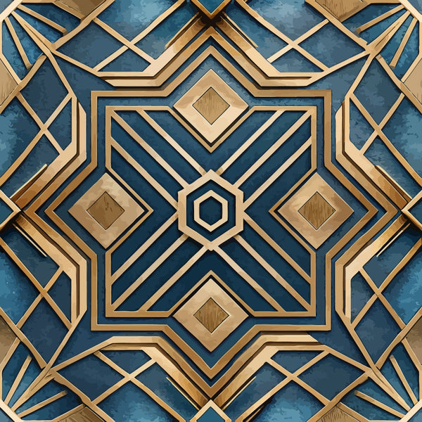navy blue, gold, geometric pattern, art deco, star motif, diamond shapes, hexagonal center, layered design, angular lines, symmetrical, metallic accents, intricate borders,, fabric panel, luxury aesthetic, ornate details, repeat pattern, dimensional appearance, sophisticated design