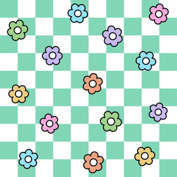 mint green, white, light blue, pink, purple, lavender, yellow, coral, pastel colors, flowers, floral pattern, simple flowers, cheerful, whimsical, playful, modern, bright, kids, children, nursery, playroom, baby, spring, cheerful design, colorful flowers, daisy flowers, six petal flowers, cute, fun, vibrant