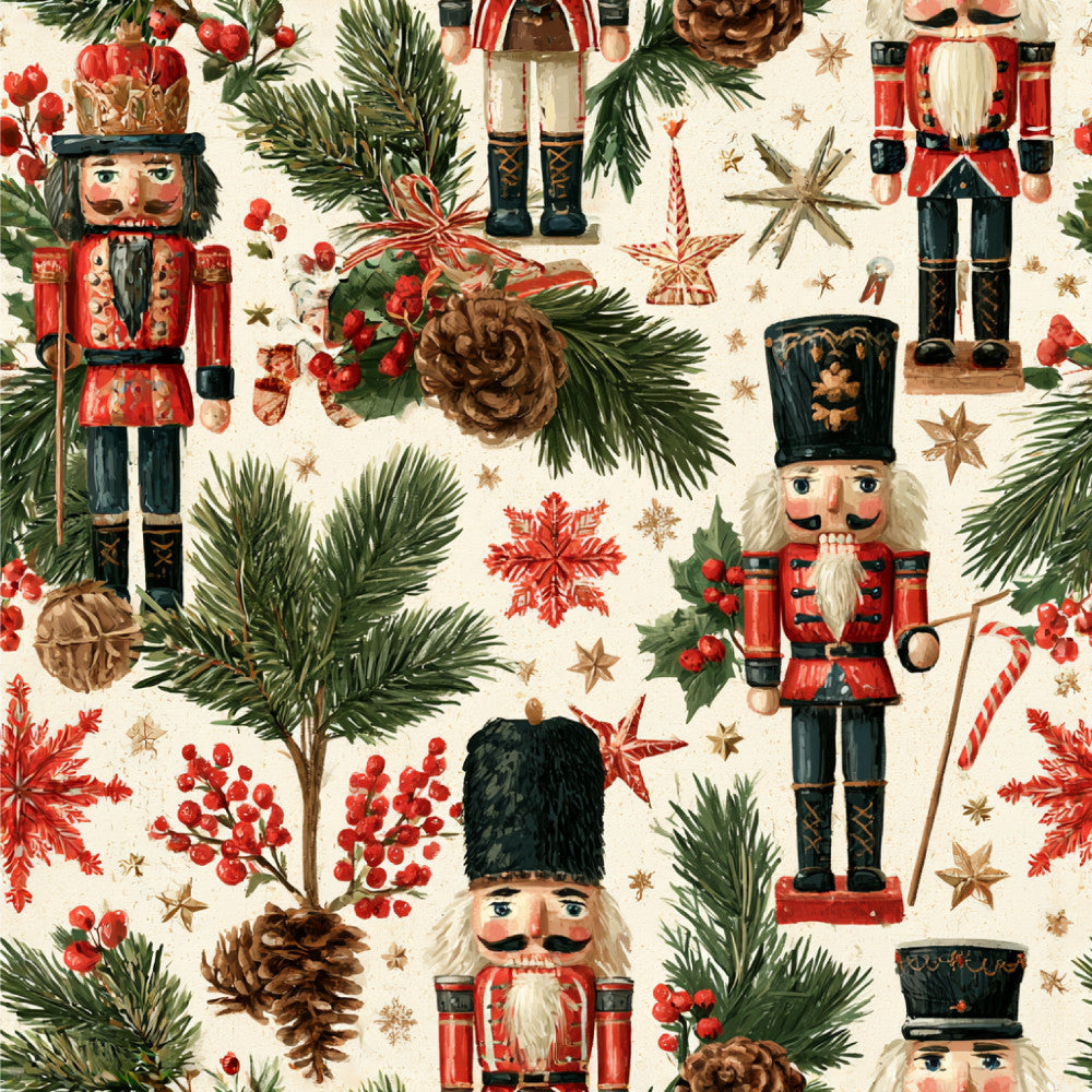 nutcracker, christmas, holiday, traditional, vintage, whimsical, red, forest green, cream, gold, brown, nutcracker soldiers, pine cones, evergreen branches, festive, seasonal, children's, kids room, playroom, nursery, pinecones, berries, stars, snowflakes, toy soldiers, classic, nostalgic, winter, december, festive décor