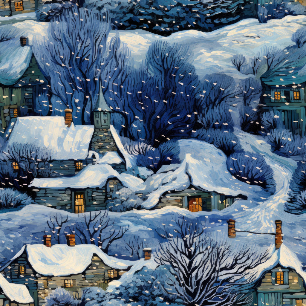 winter landscape, snow-covered houses, bare trees, deep blue, navy blue, white snow, golden windows, cozy cottages, snowy village, evening scene,, fabric panel, winter wonderland, architectural details, chimneys, rooftops, branches, peaceful atmosphere, cold season, illuminated homes