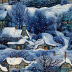 winter landscape, snow-covered houses, bare trees, deep blue, navy blue, white snow, golden windows, cozy cottages, snowy village, evening scene,, fabric panel, winter wonderland, architectural details, chimneys, rooftops, branches, peaceful atmosphere, cold season, illuminated homes