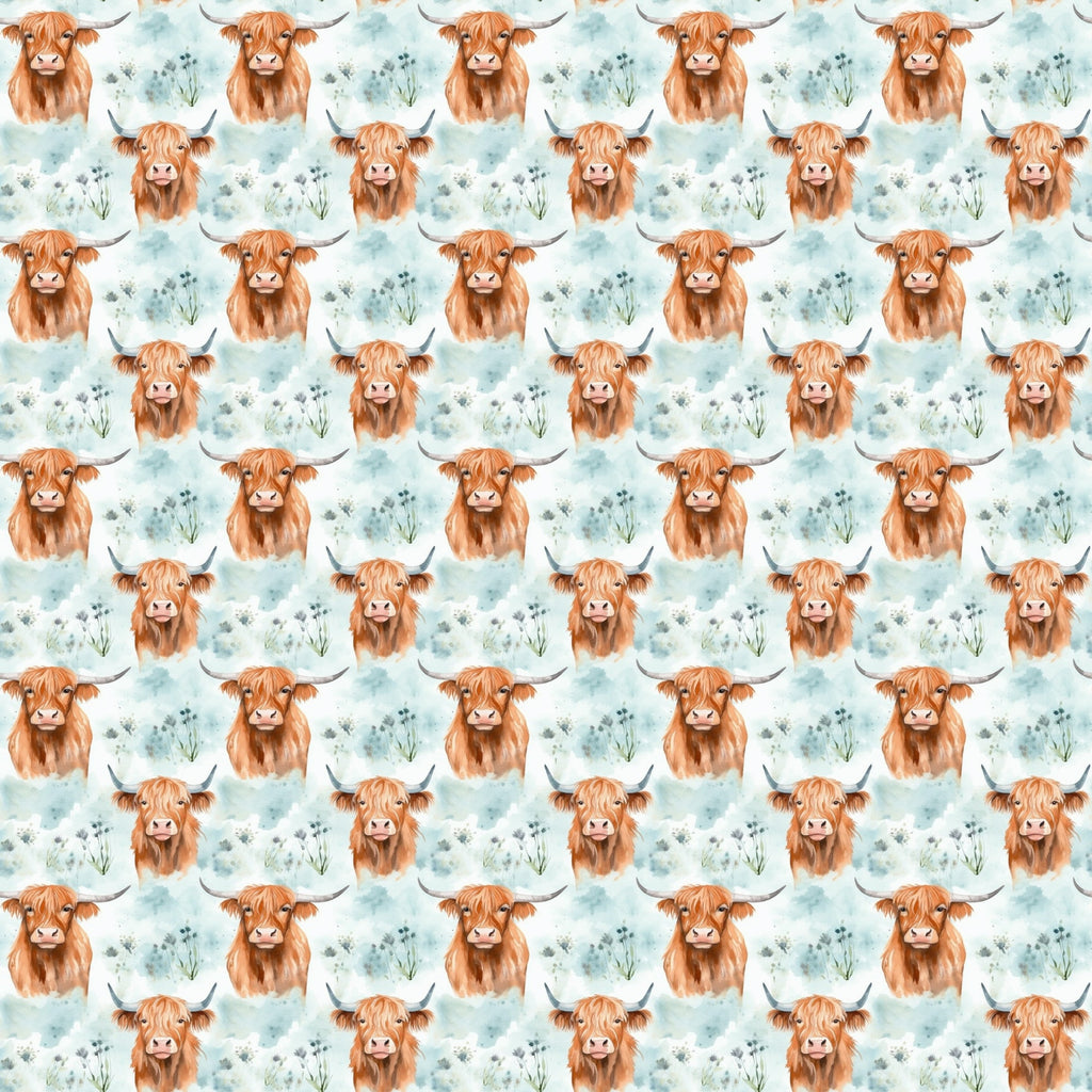 highland cows, orange fur, horns, cattle pattern, repeating design, watercolor style, blue flowers, small florals, light blue background, soft pastels, farm animals, scottish cows,, fabric panel, cute animals, pastoral theme, country style, gentle mood, bovine design, nature motifs
