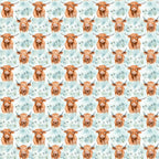 highland cows, orange fur, horns, cattle pattern, repeating design, watercolor style, blue flowers, small florals, light blue background, soft pastels, farm animals, scottish cows,, fabric panel, cute animals, pastoral theme, country style, gentle mood, bovine design, nature motifs