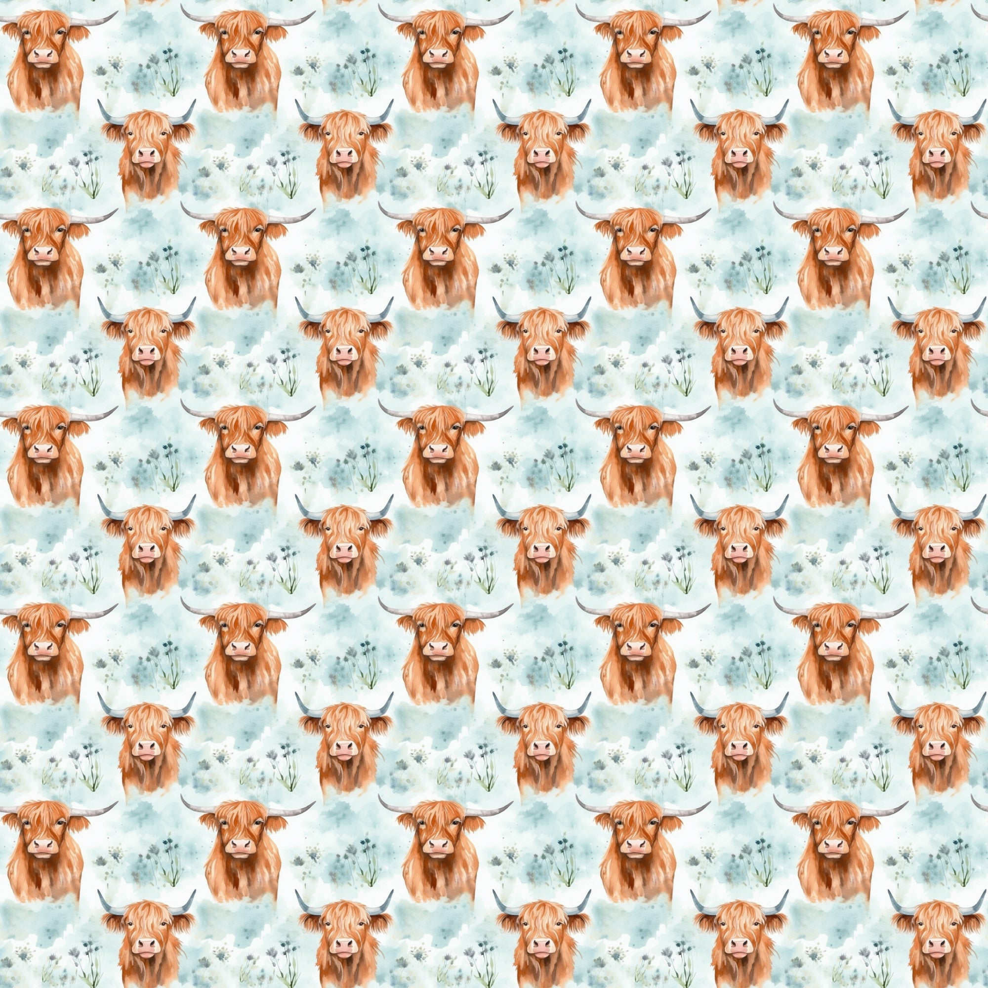highland cows, orange fur, horns, cattle pattern, repeating design, watercolor style, blue flowers, small florals, light blue background, soft pastels, farm animals, scottish cows,, fabric panel, cute animals, pastoral theme, country style, gentle mood, bovine design, nature motifs