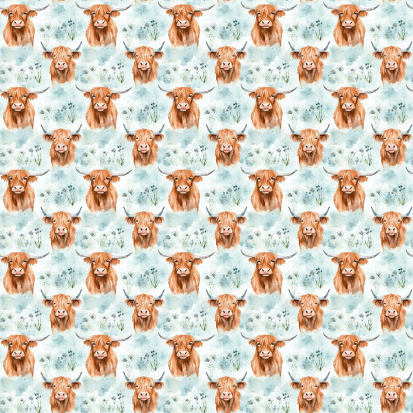 highland cows, orange fur, horns, cattle pattern, repeating design, watercolor style, blue flowers, small florals, light blue background, soft pastels, farm animals, scottish cows,, fabric panel, cute animals, pastoral theme, country style, gentle mood, bovine design, nature motifs