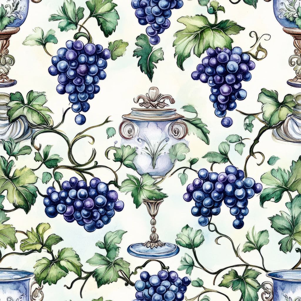 deep purple grapes, green grape leaves, ornate vases, cream background, botanical pattern, vineyard theme, watercolor style, decorative pottery, wine motif,, fabric panel, elegant design, nature inspired, mediterranean style, artistic illustration, purple blue tones, sage green, vintage urns, grape clusters, vine pattern