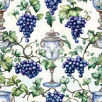 deep purple grapes, green grape leaves, ornate vases, cream background, botanical pattern, vineyard theme, watercolor style, decorative pottery, wine motif,, fabric panel, elegant design, nature inspired, mediterranean style, artistic illustration, purple blue tones, sage green, vintage urns, grape clusters, vine pattern