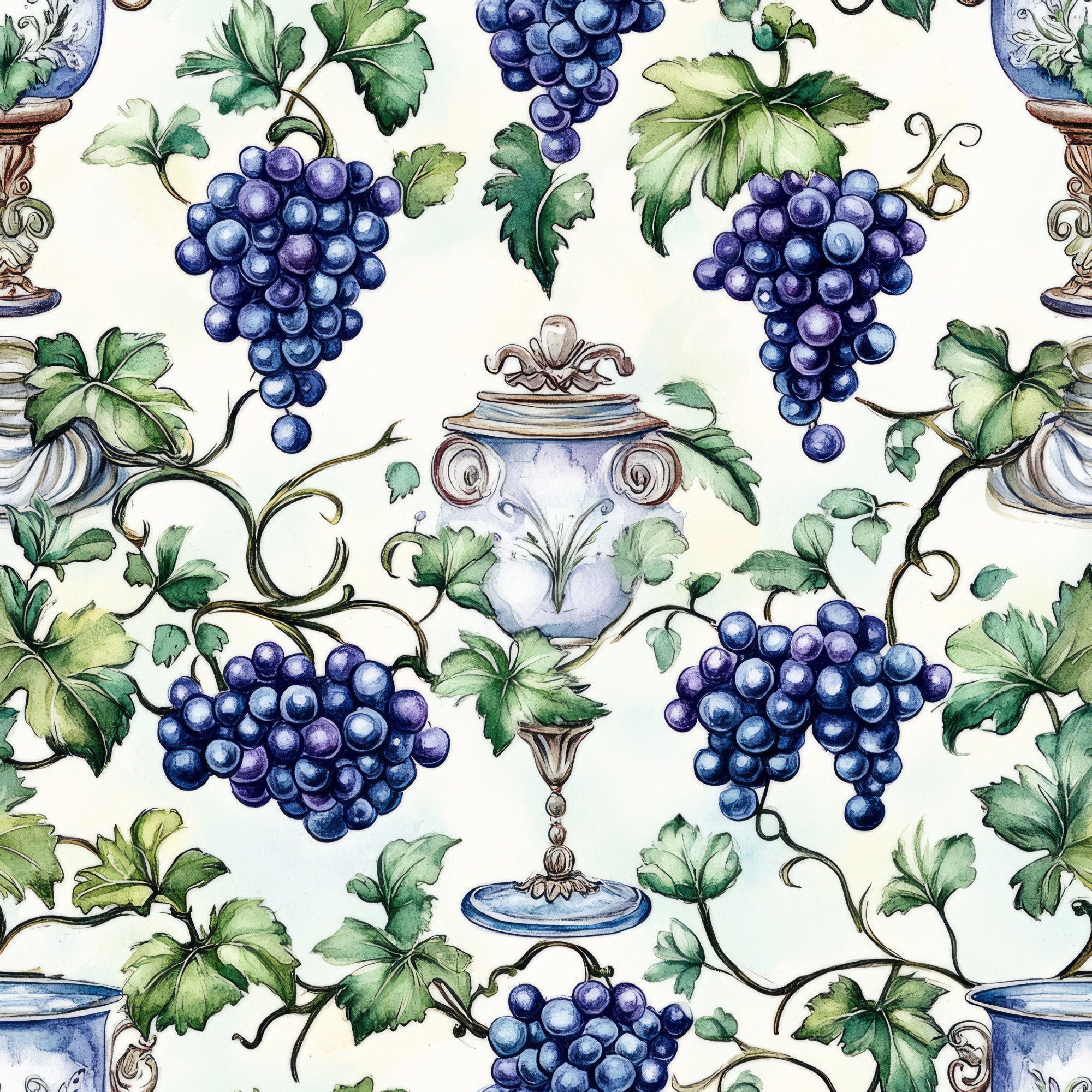 deep purple grapes, green grape leaves, ornate vases, cream background, botanical pattern, vineyard theme, watercolor style, decorative pottery, wine motif,, fabric panel, elegant design, nature inspired, mediterranean style, artistic illustration, purple blue tones, sage green, vintage urns, grape clusters, vine pattern