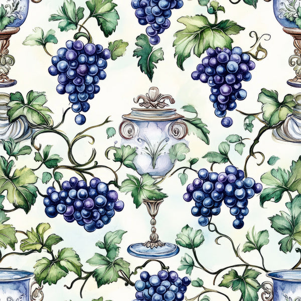 deep purple grapes, green grape leaves, ornate vases, cream background, botanical pattern, vineyard theme, watercolor style, decorative pottery, wine motif,, fabric panel, elegant design, nature inspired, mediterranean style, artistic illustration, purple blue tones, sage green, vintage urns, grape clusters, vine pattern
