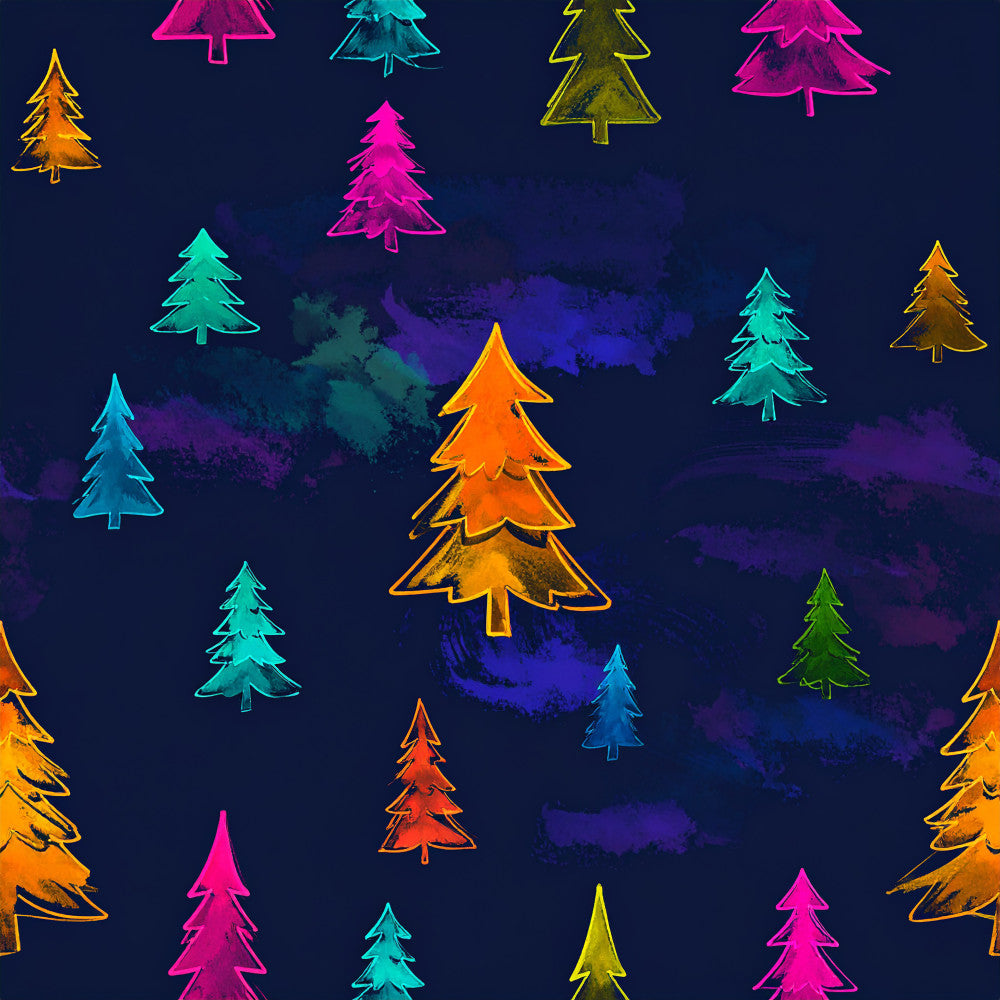 navy blue, neon pink, hot pink, magenta, cyan, turquoise, teal, orange, golden yellow, lime green, vibrant, colorful, christmas trees, evergreen trees, holiday, festive, winter, neon, glow, outlined, glowing outline, whimsical, modern, playful, fun, kids, children, nature, forest, trees