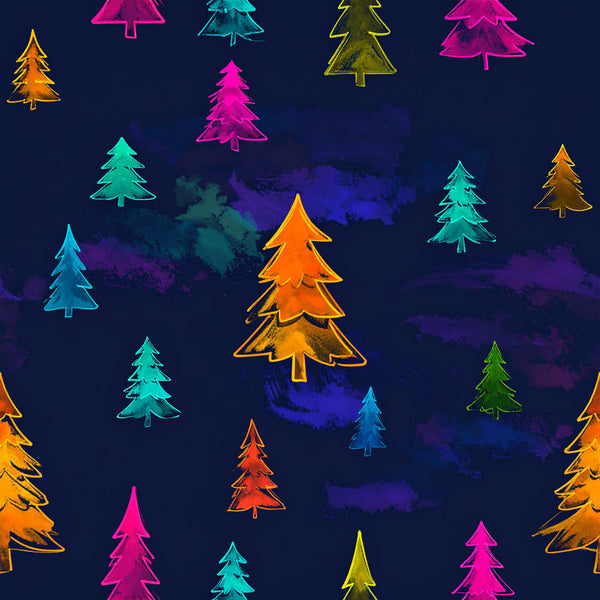 navy blue, neon pink, hot pink, magenta, cyan, turquoise, teal, orange, golden yellow, lime green, vibrant, colorful, christmas trees, evergreen trees, holiday, festive, winter, neon, glow, outlined, glowing outline, whimsical, modern, playful, fun, kids, children, nature, forest, trees