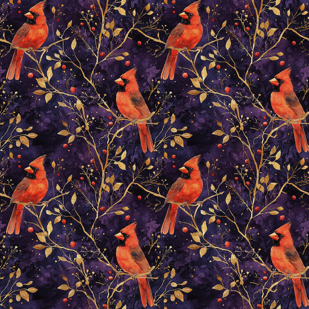 red cardinals, purple background, gold branches, autumn leaves, red berries,, fabric panel, bird pattern, nature motif, starry night, burgundy, crimson, golden yellow, botanical design, winter birds, repeating pattern, wildlife fabric, branch perches, berry clusters, celestial backdrop