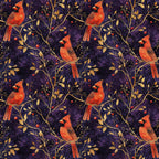 red cardinals, purple background, gold branches, autumn leaves, red berries,, fabric panel, bird pattern, nature motif, starry night, burgundy, crimson, golden yellow, botanical design, winter birds, repeating pattern, wildlife fabric, branch perches, berry clusters, celestial backdrop